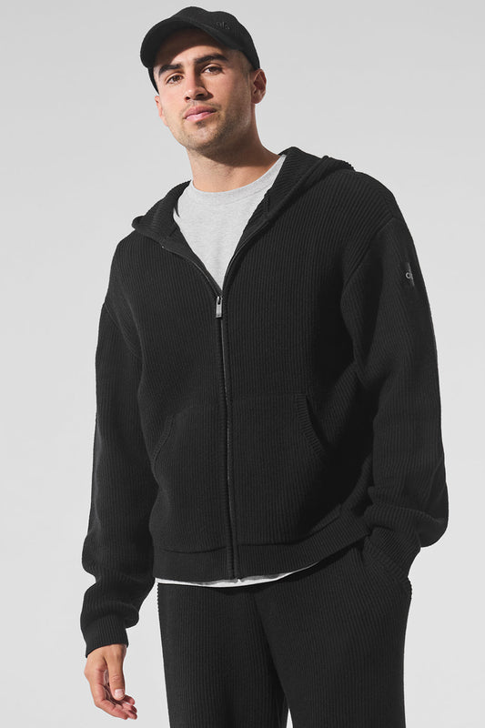 Domain Rib Knit Full Zip Sweater - Black